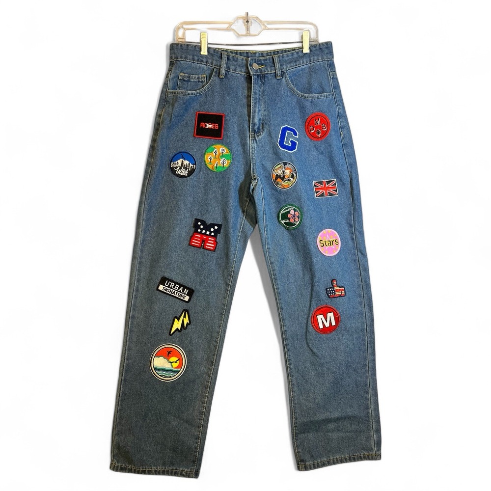 Manfinity Jeans Men Size M Baggy Jeans  Blue Denim With Stickers (Unique)